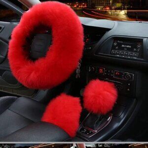 Fuzzy Red 3 pc Car Steering Wheel Cover Set. New